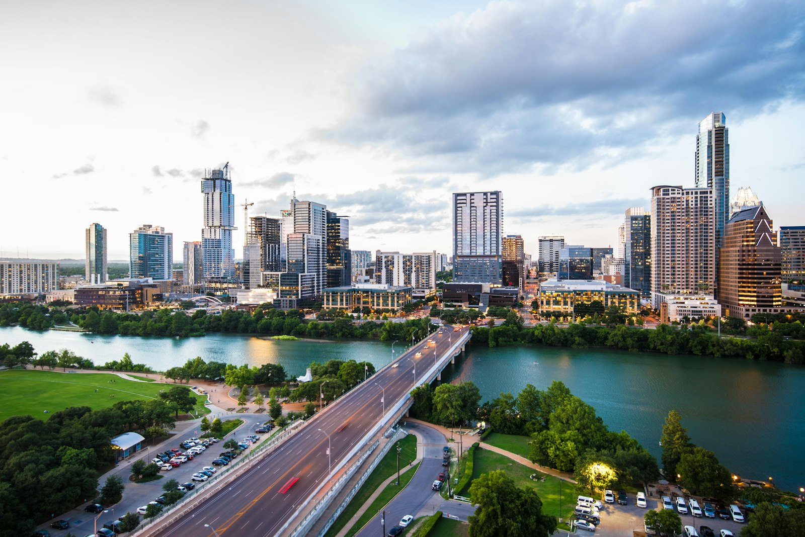 Aerial view of the Austin, Texas skyline and Congress Avenue Bridge over Lady Bird Lake